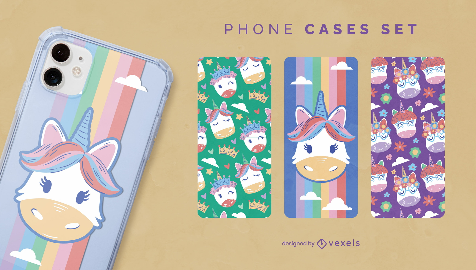 Diseño de escenografía de fundas para teléfonos con variedad de unicornios.