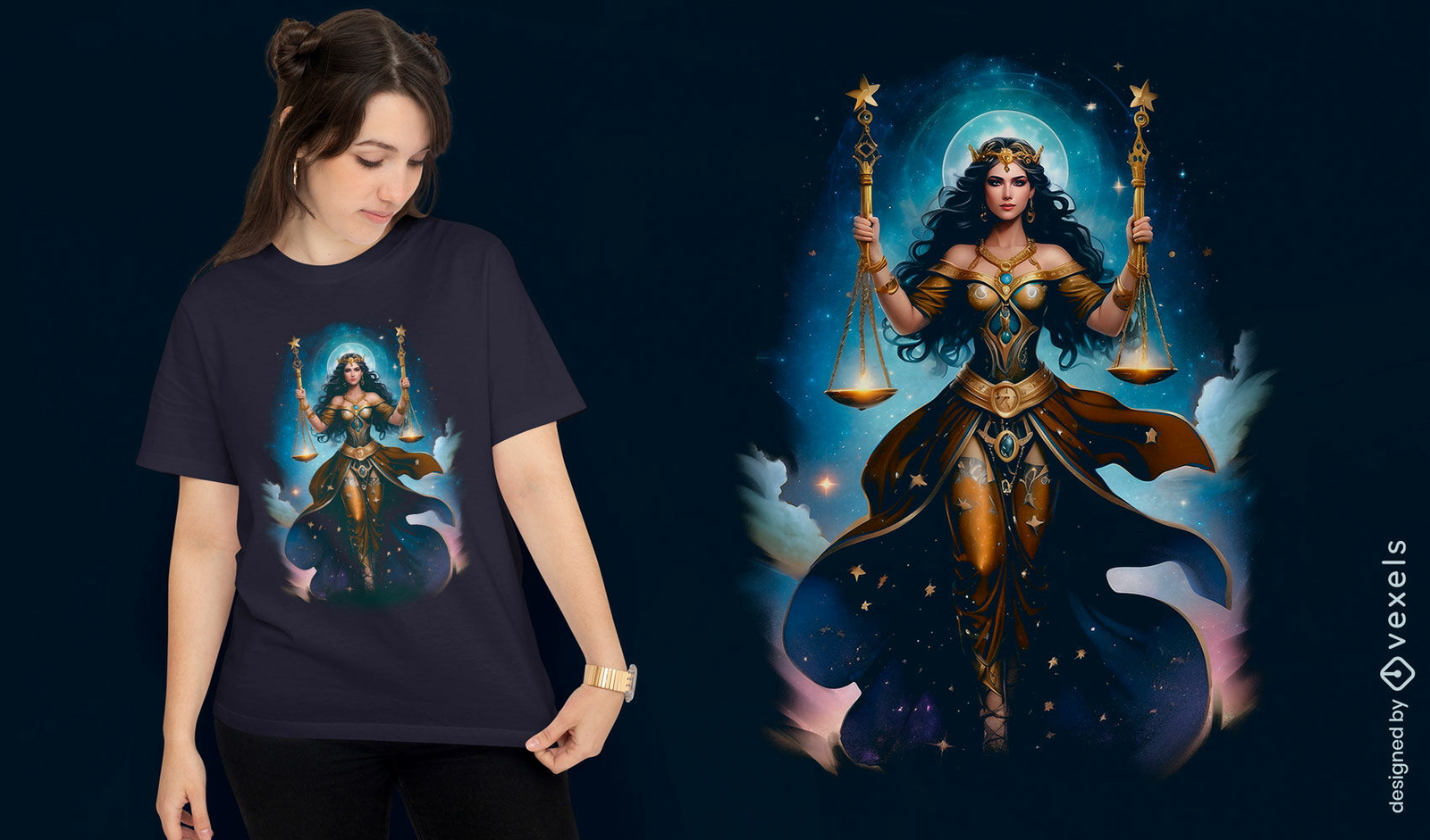 Diseño de camiseta con ilustración de signo del zodíaco libra.