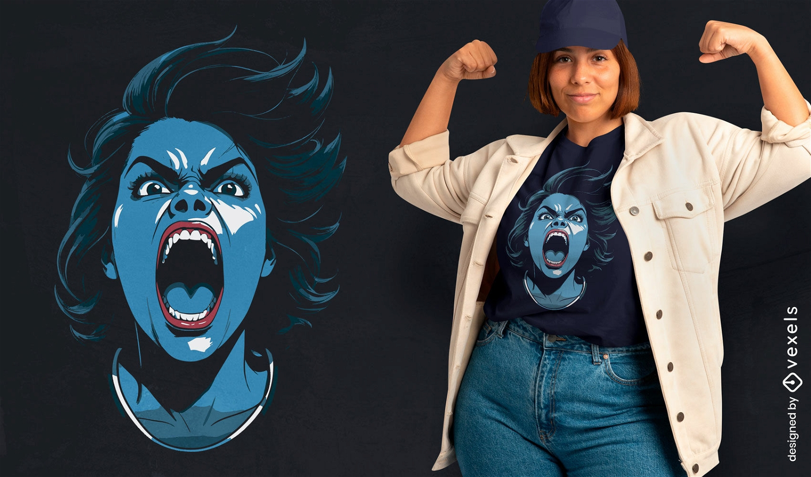 Diseño de camiseta de mujer gritando.