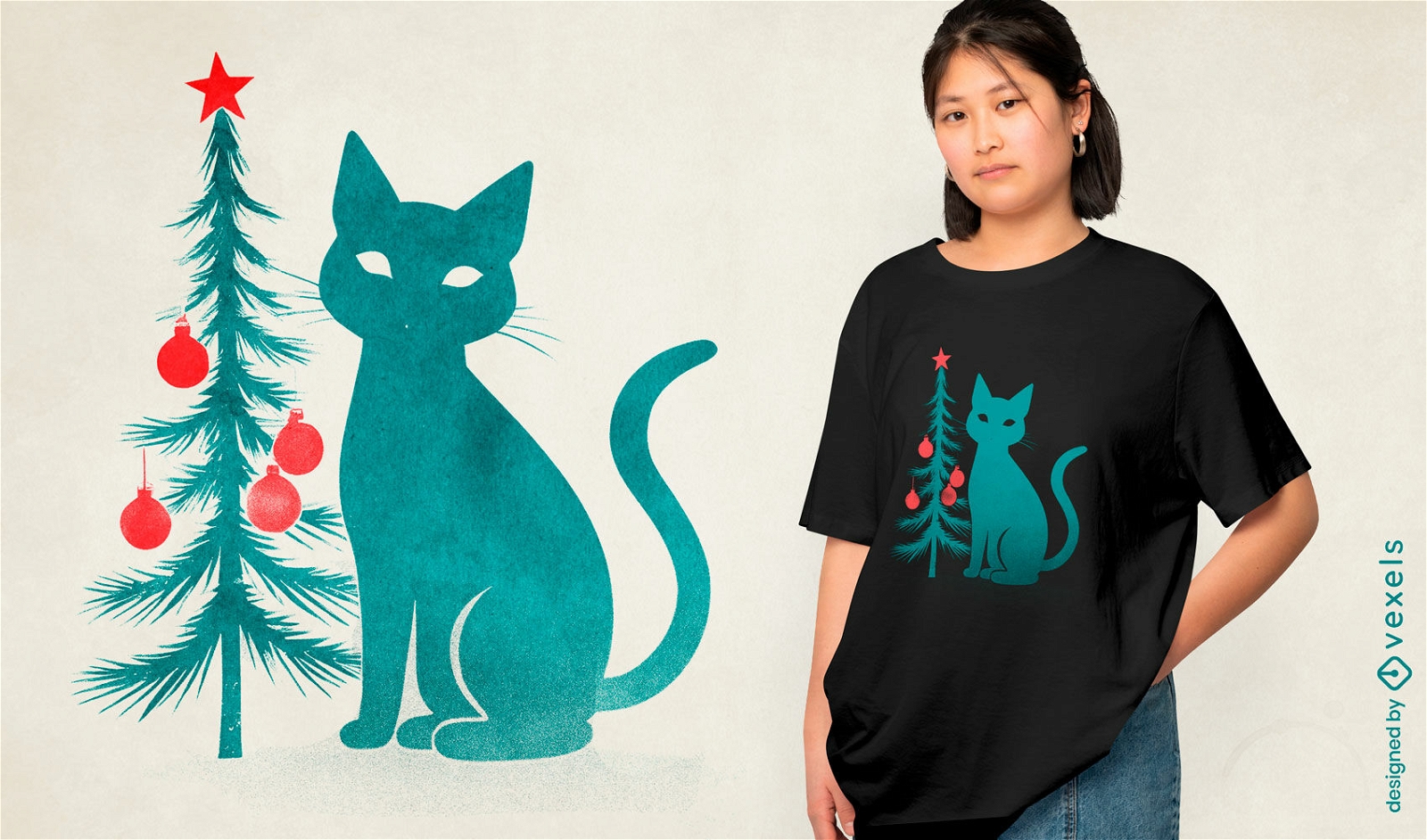 Diseño de camiseta de silueta de gato navideño.