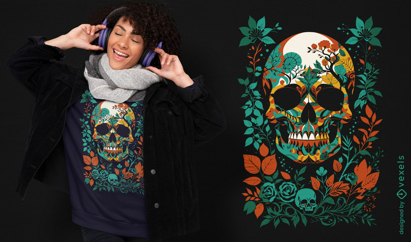 Diseño de camiseta de calavera floral vibrante.