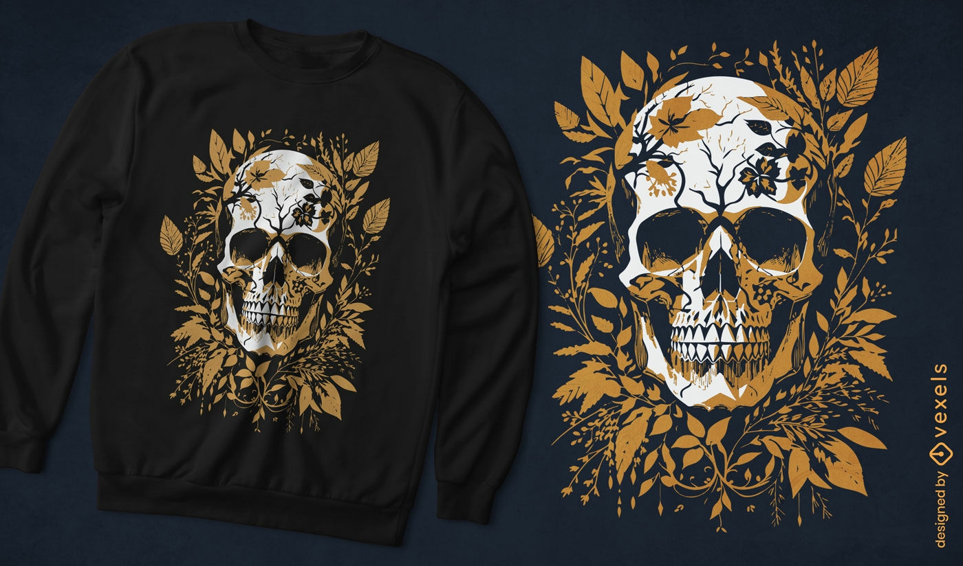 Design de camiseta com caveira com folhas douradas