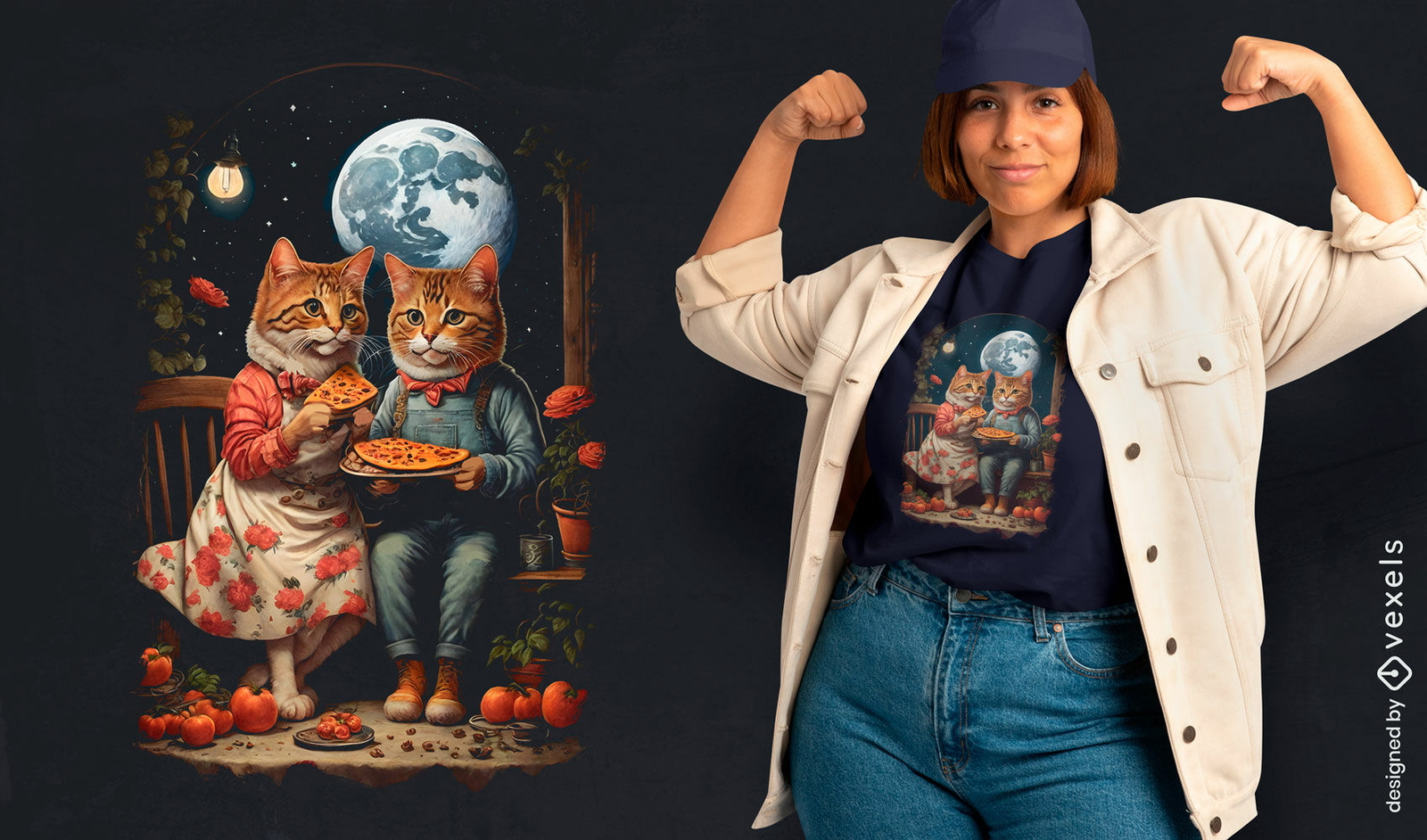 Diseño de camiseta de pizza de gatos Cottagecore.