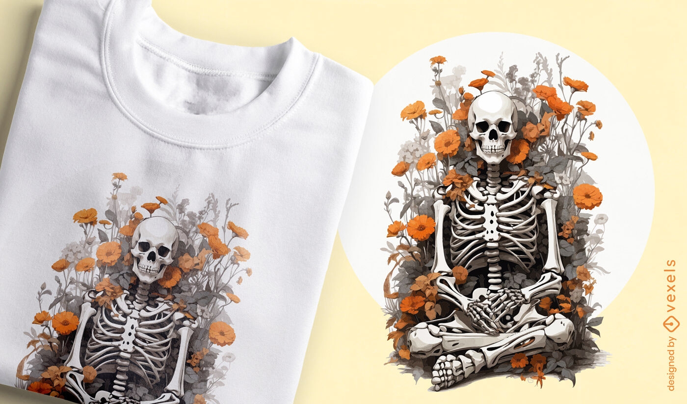 Diseño de camiseta de esqueleto artístico con plantas.