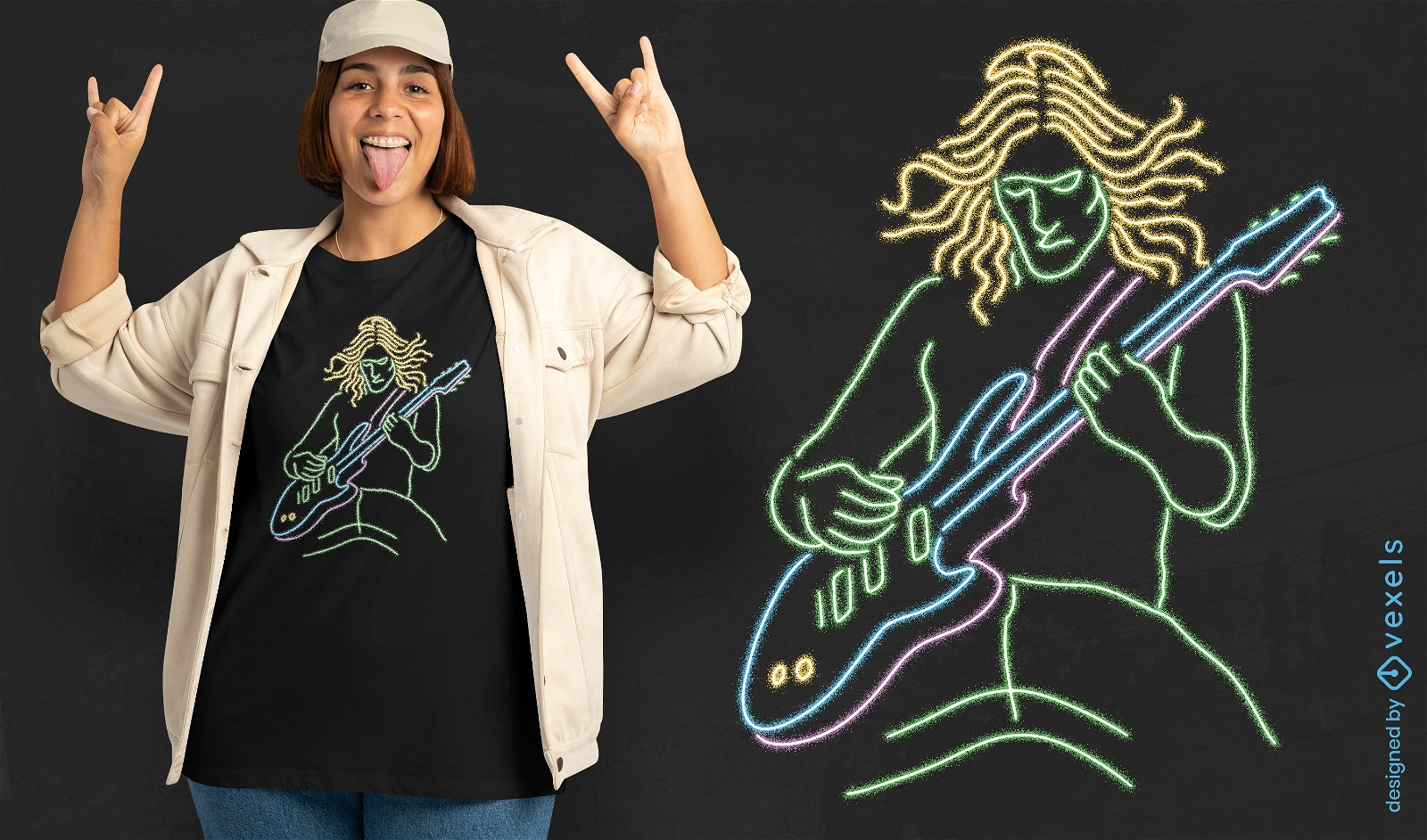 Diseño de camiseta de guitarrista de rock neón.