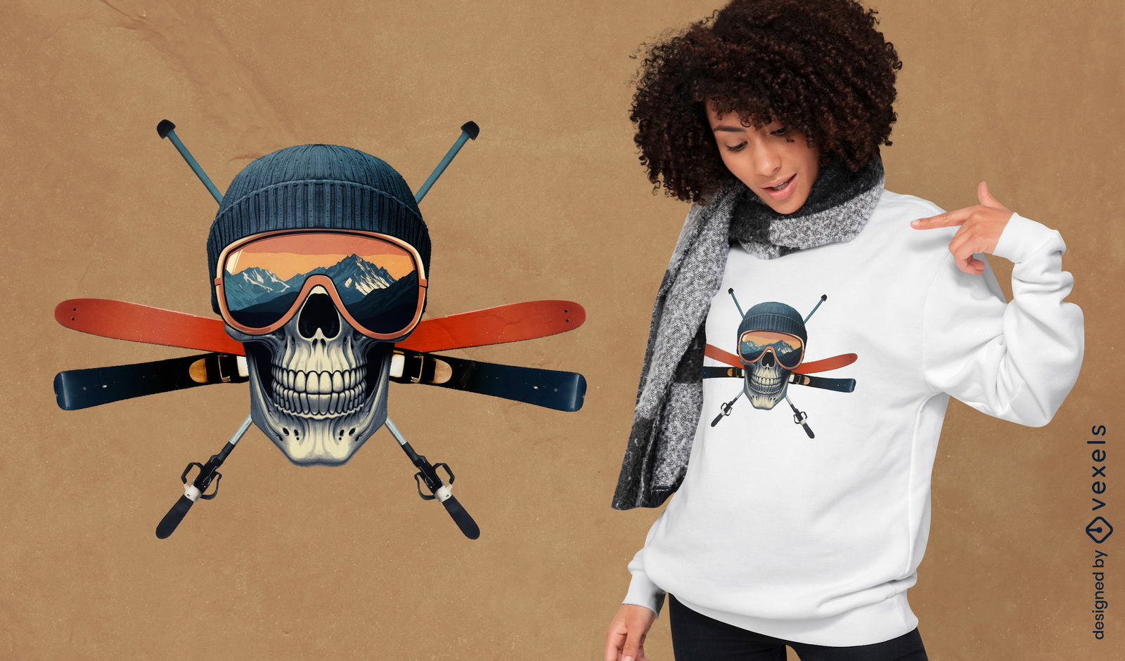 Diseño de camiseta de calavera de snowboarder.