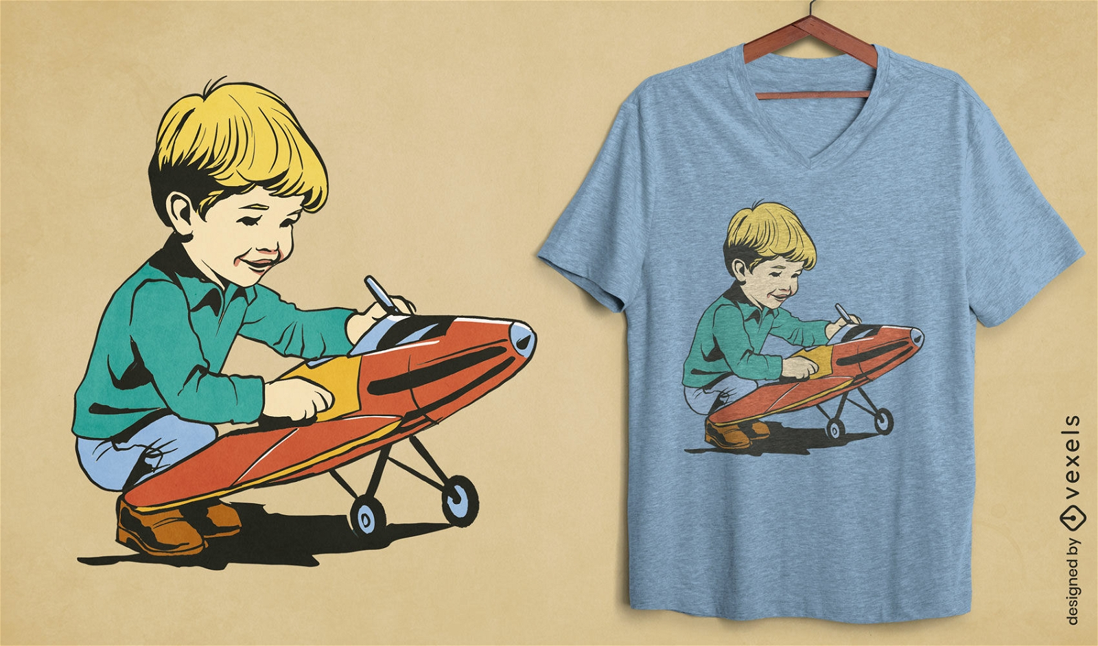 Vintage-Kind mit Flugzeug-T-Shirt-Design