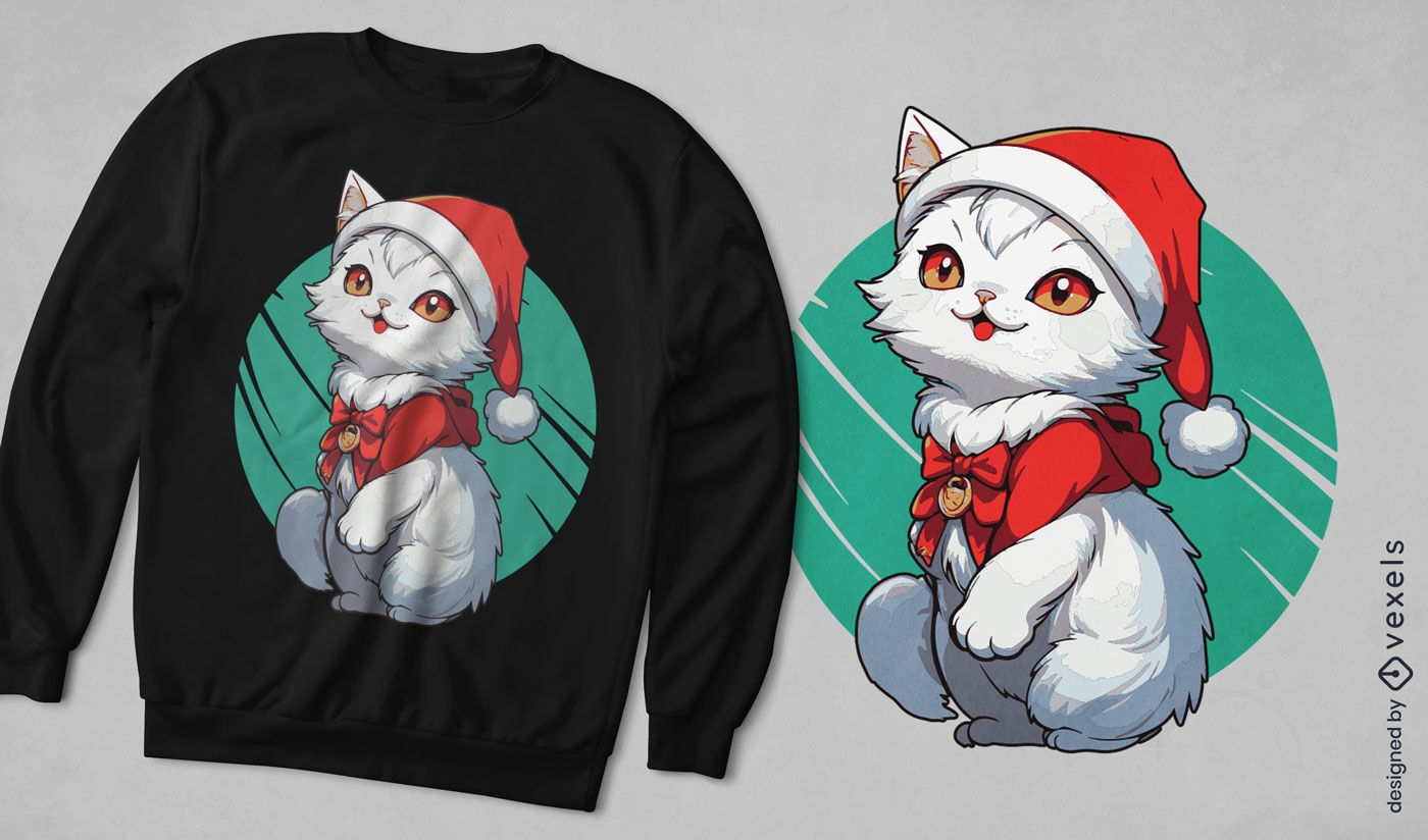Diseño de camiseta de gato con gorro de Papá Noel.