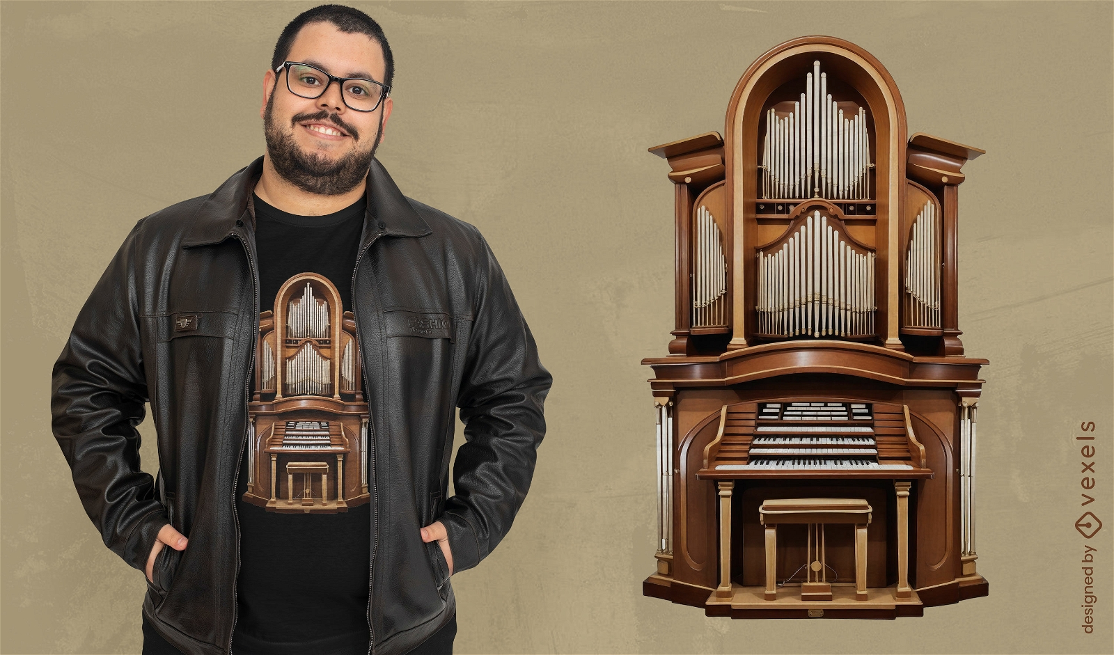 Diseño de camiseta con ilustración de órgano de iglesia.