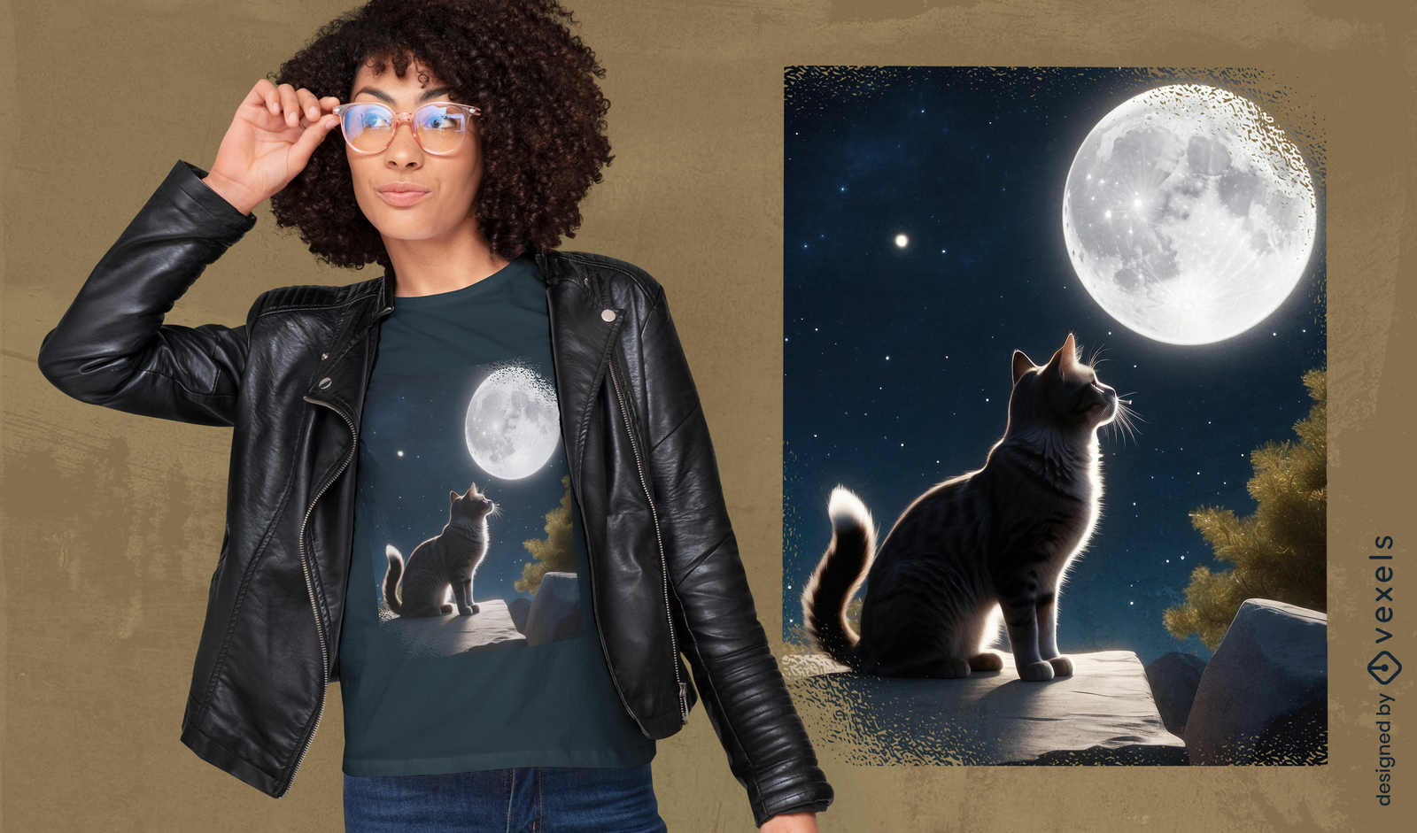 Diseño de camiseta de gato mirando la luna.