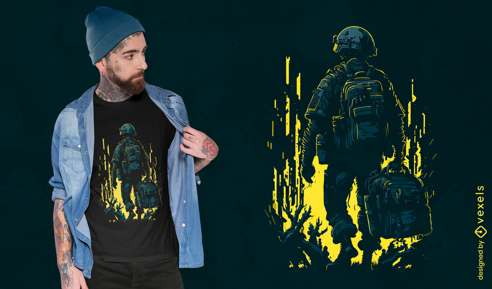 Diseño de camiseta de soldado con mochilas.