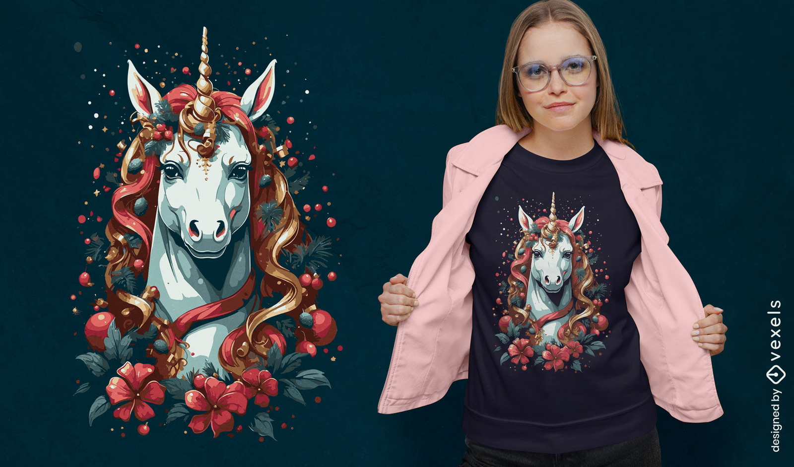 Diseño de camiseta navideña de unicornio navideño.