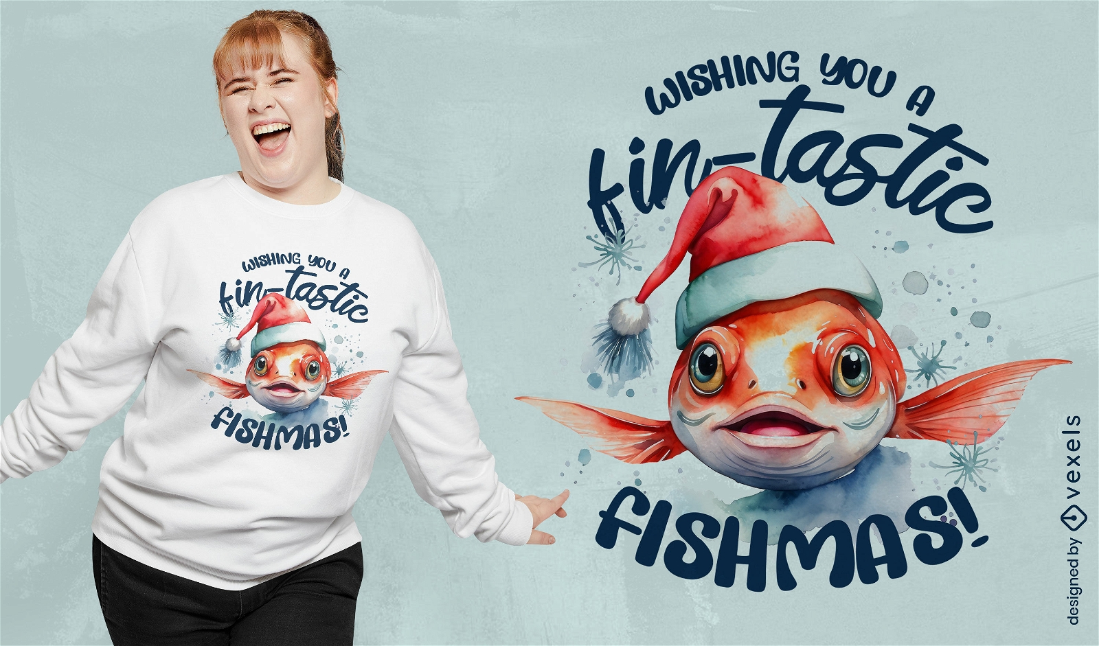 Design de camiseta de peixe com chap?u de Papai Noel
