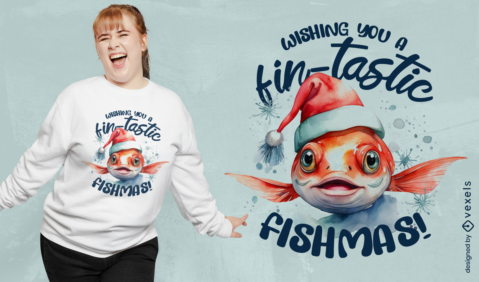 Fisch im T-Shirt-Design mit Weihnachtsmütze
