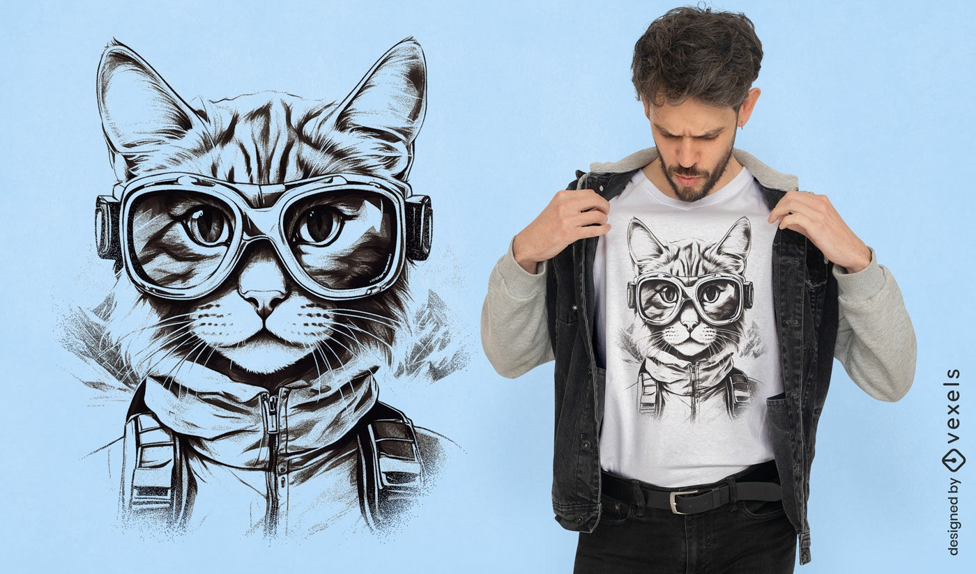 Elegante diseño de camiseta de gato con gafas.
