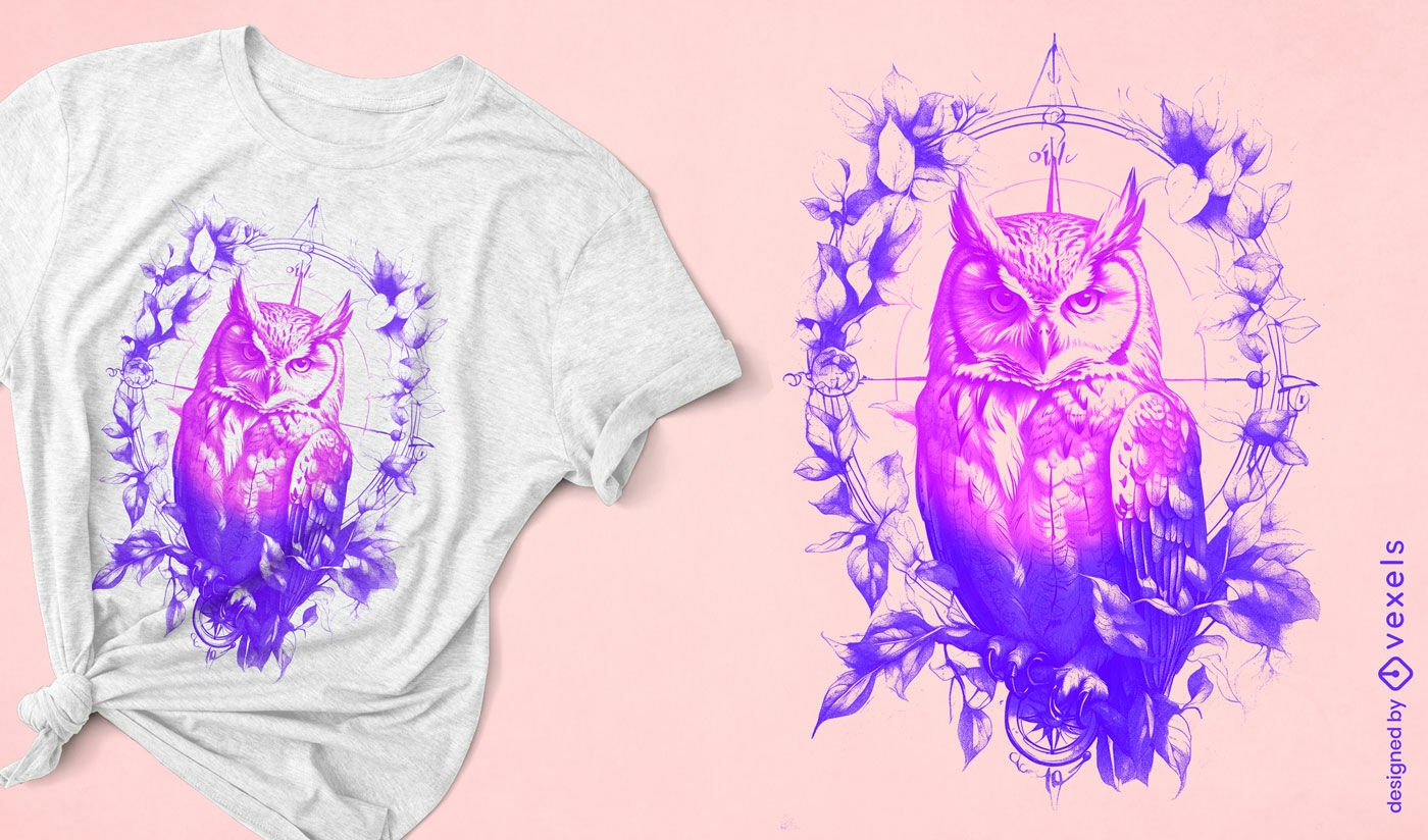Design de camiseta com coruja roxa mística