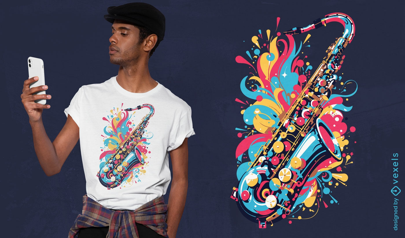 Diseño de camiseta con melodía de saxofón de jazz.