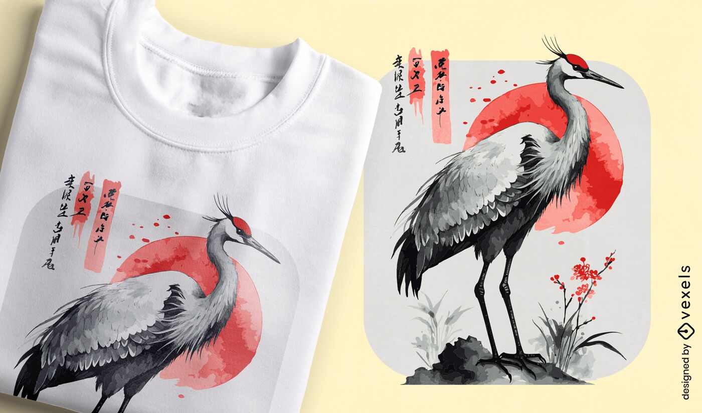 Diseño de camiseta de acuarela de grulla japonesa.
