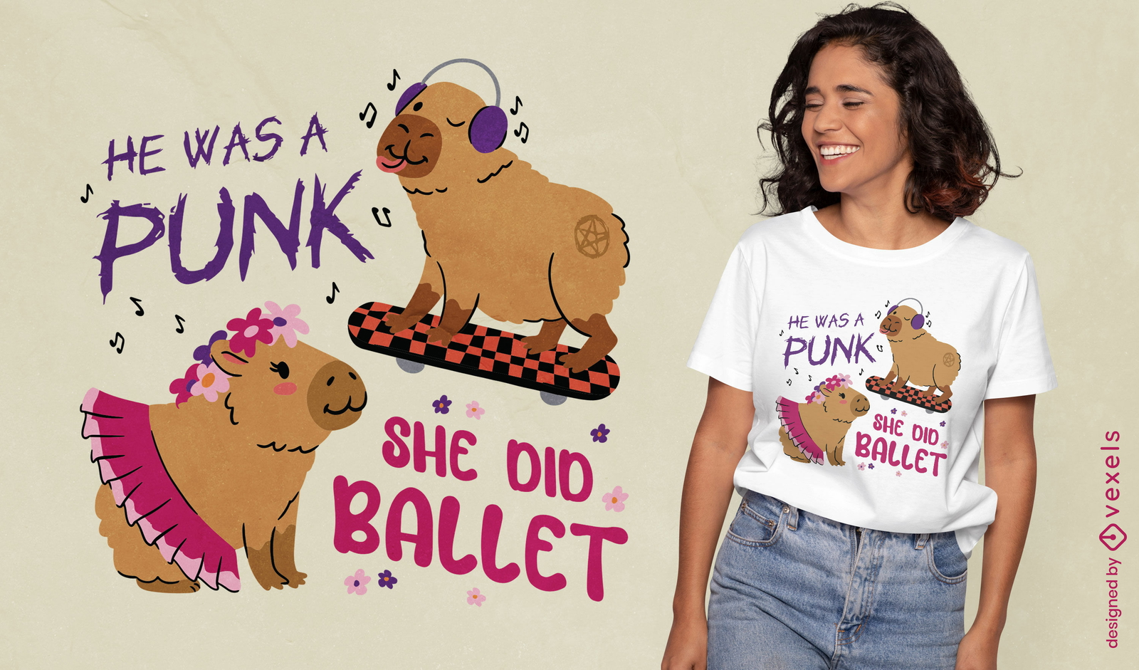 Design de camiseta capivara punk e balé