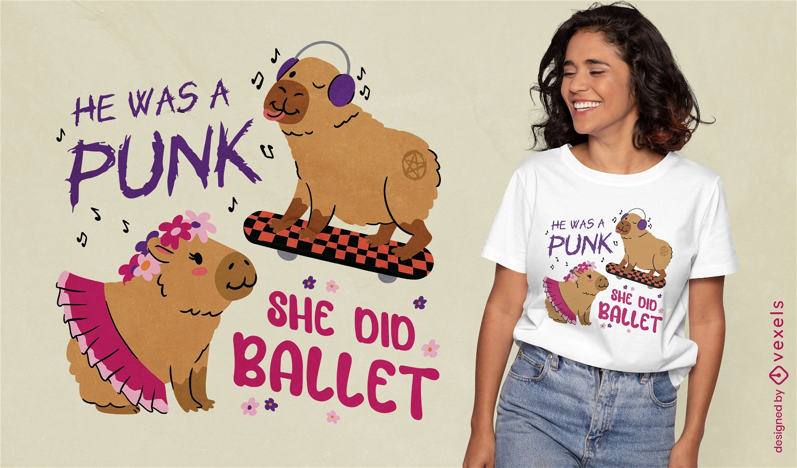 Diseño de camiseta capibara punk y ballet.