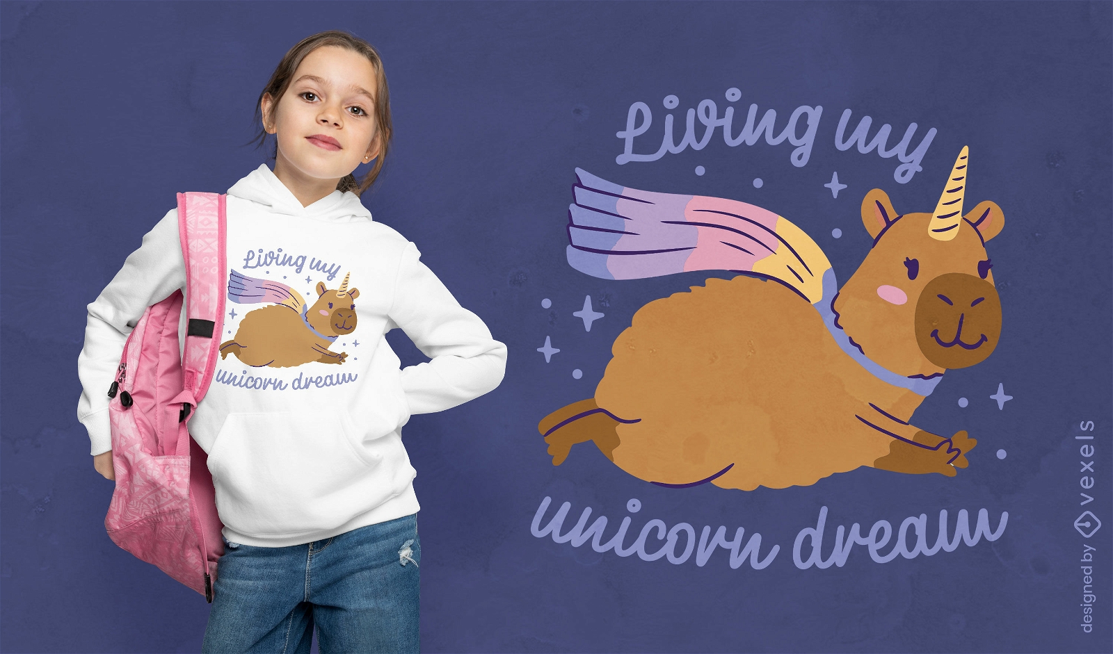 Diseño de camiseta de capibara de sueño unicornio.