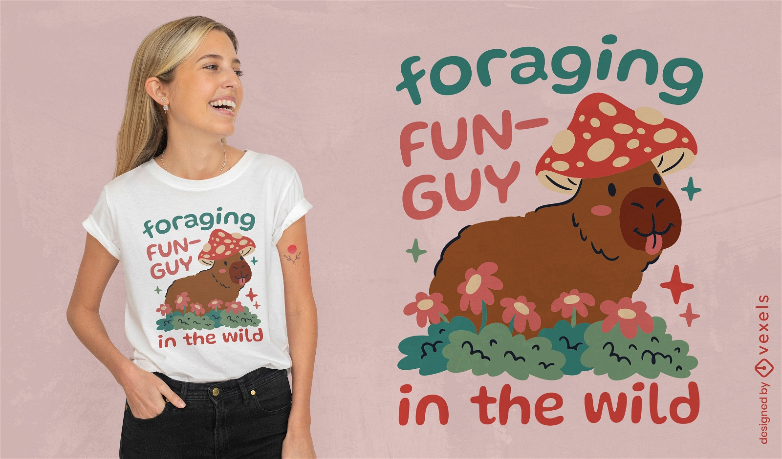 Capybara-T-Shirt-Design mit Pilzen auf Nahrungssuche