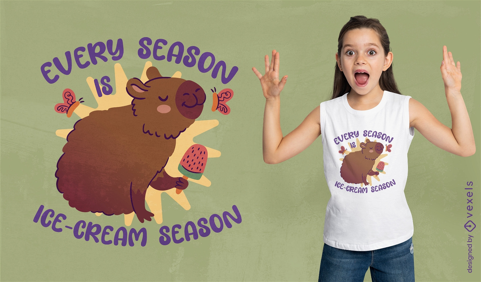 Diseño de camiseta de capibara de la temporada de helados.