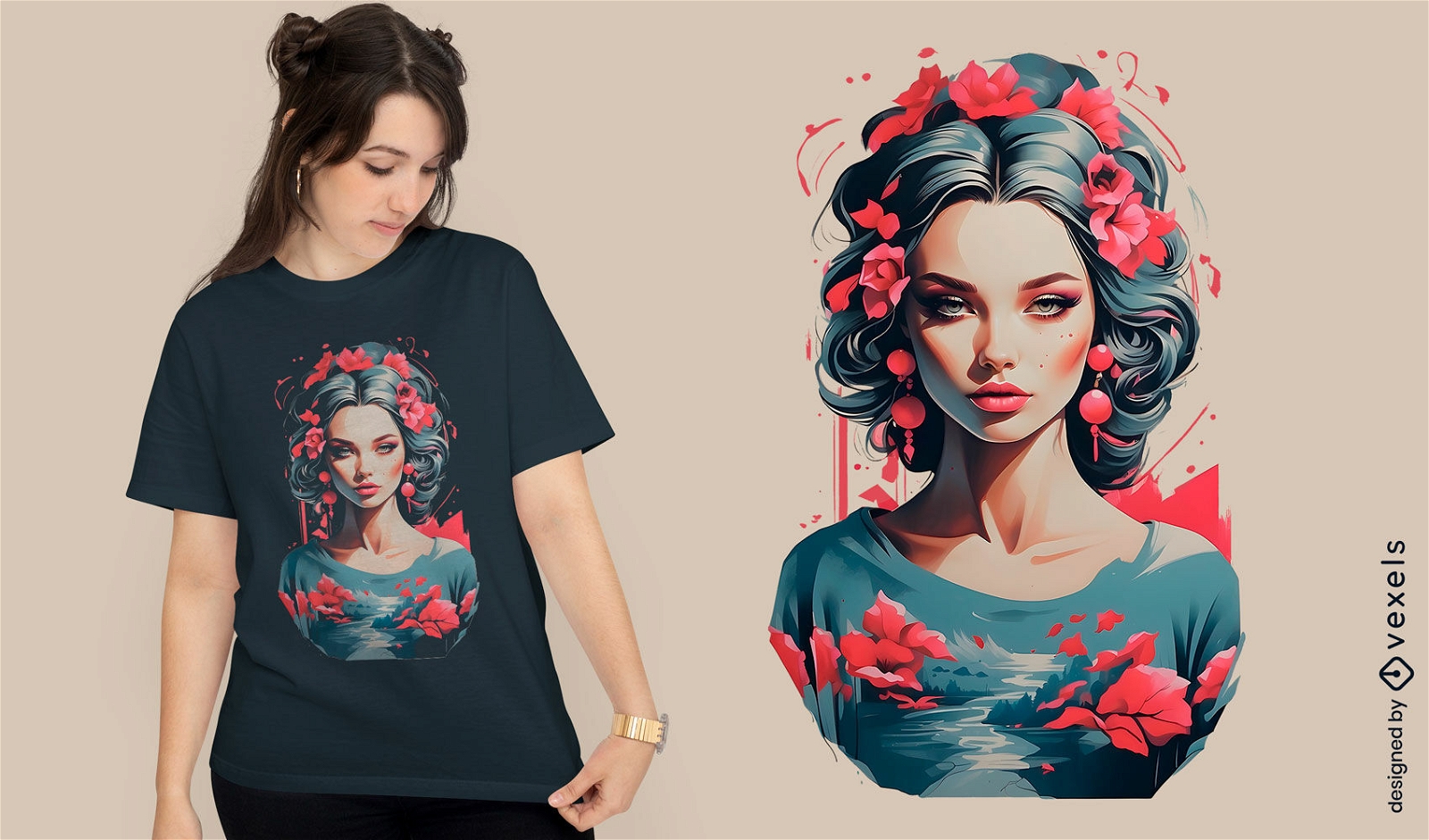 Diseño de camiseta de mujer de río floral.