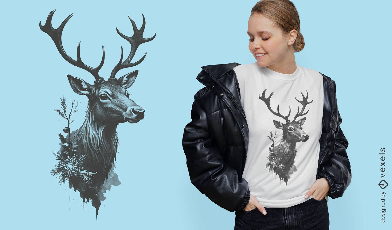 Diseño de camiseta navideña de renos dibujados a mano.