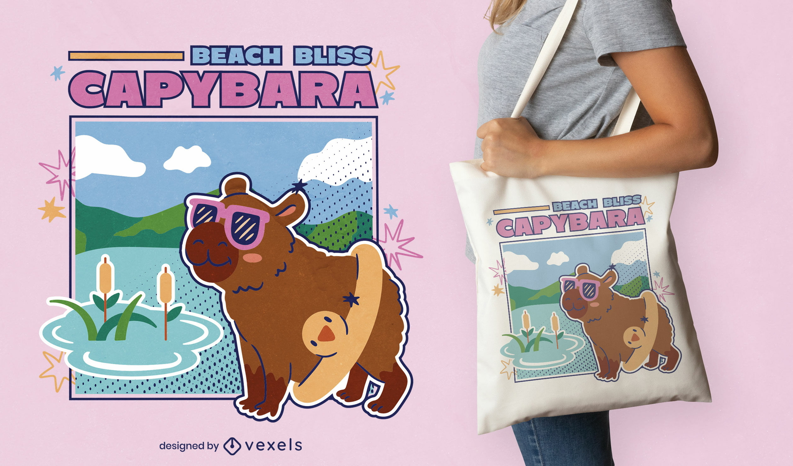 Diseño de bolso tote con capibara Beach Bliss