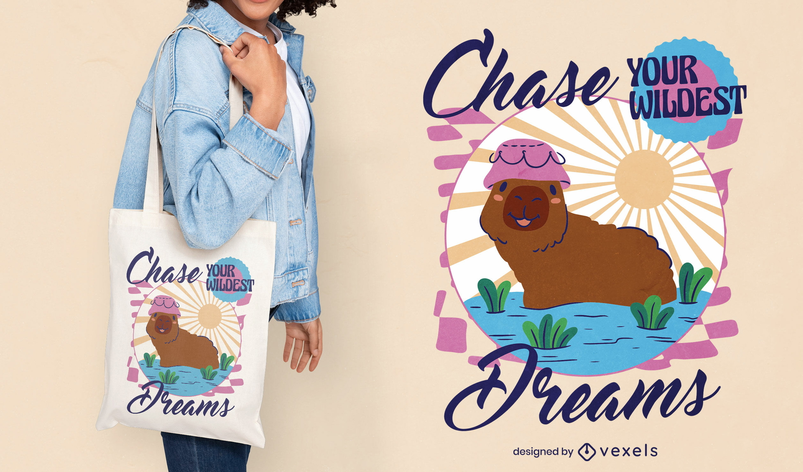 Diseño de bolso tote de carpincho que persigue sueños