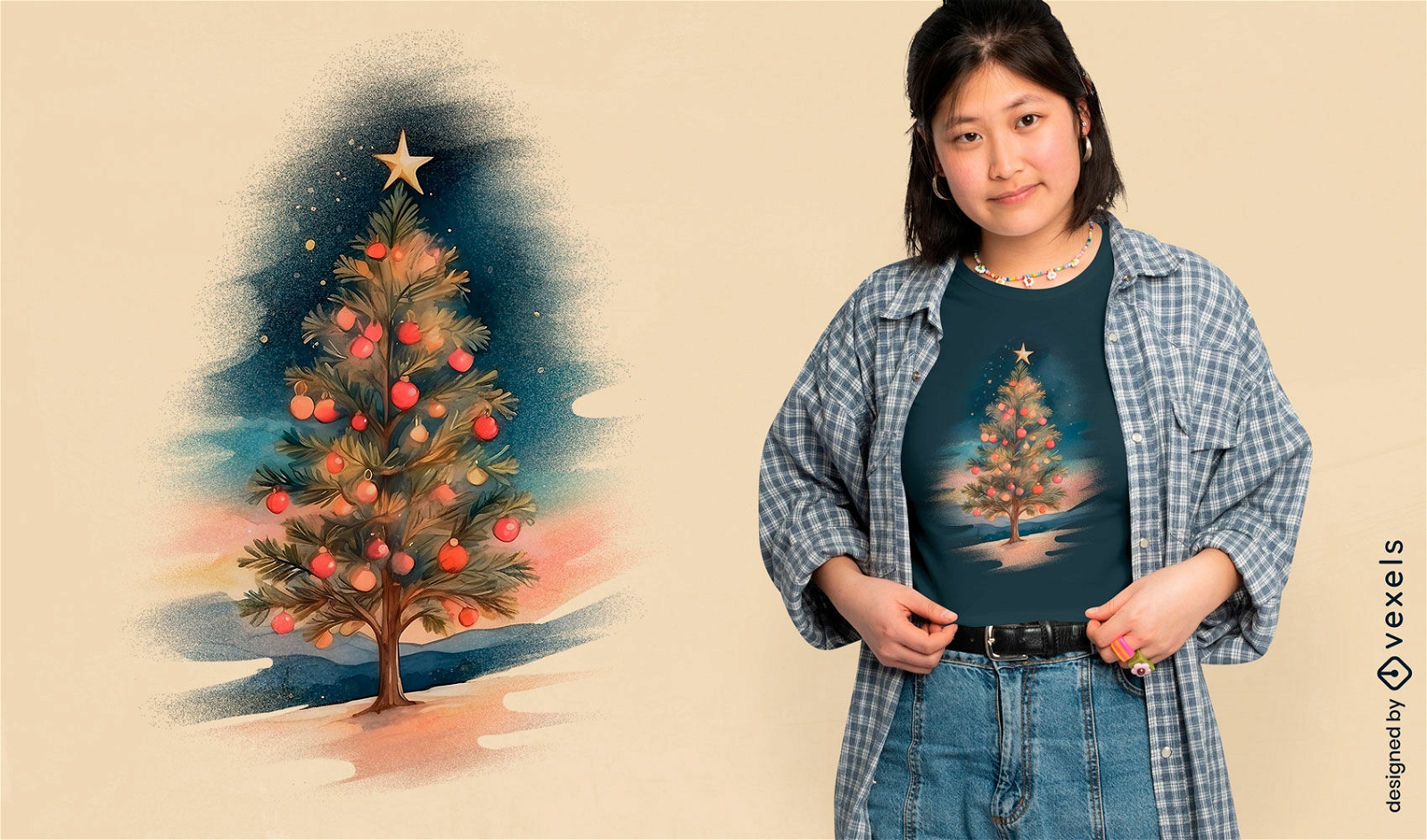 Diseño de camiseta de árbol de Navidad en acuarela.