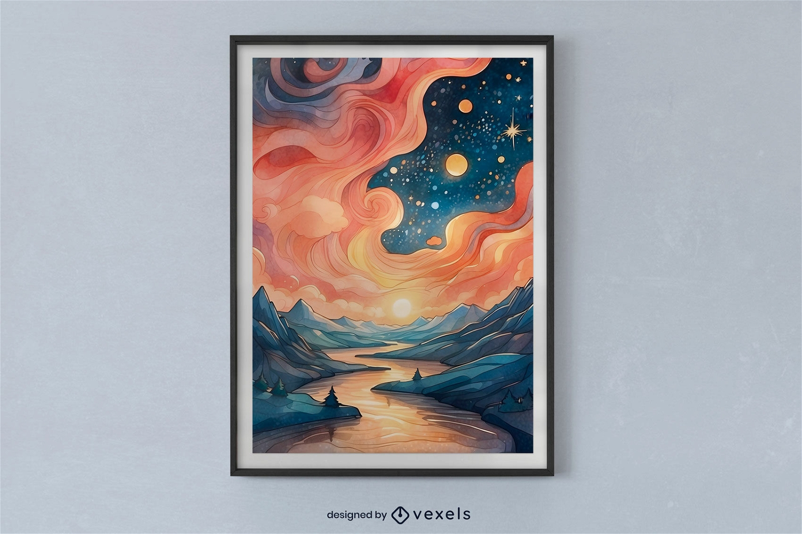Starry watercolor landscape poster design