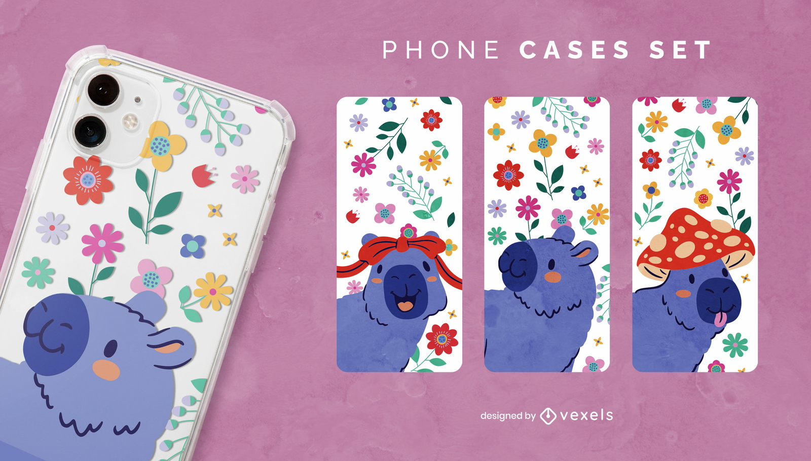 Diseño de escenografía de fundas para teléfonos florales de carpincho.