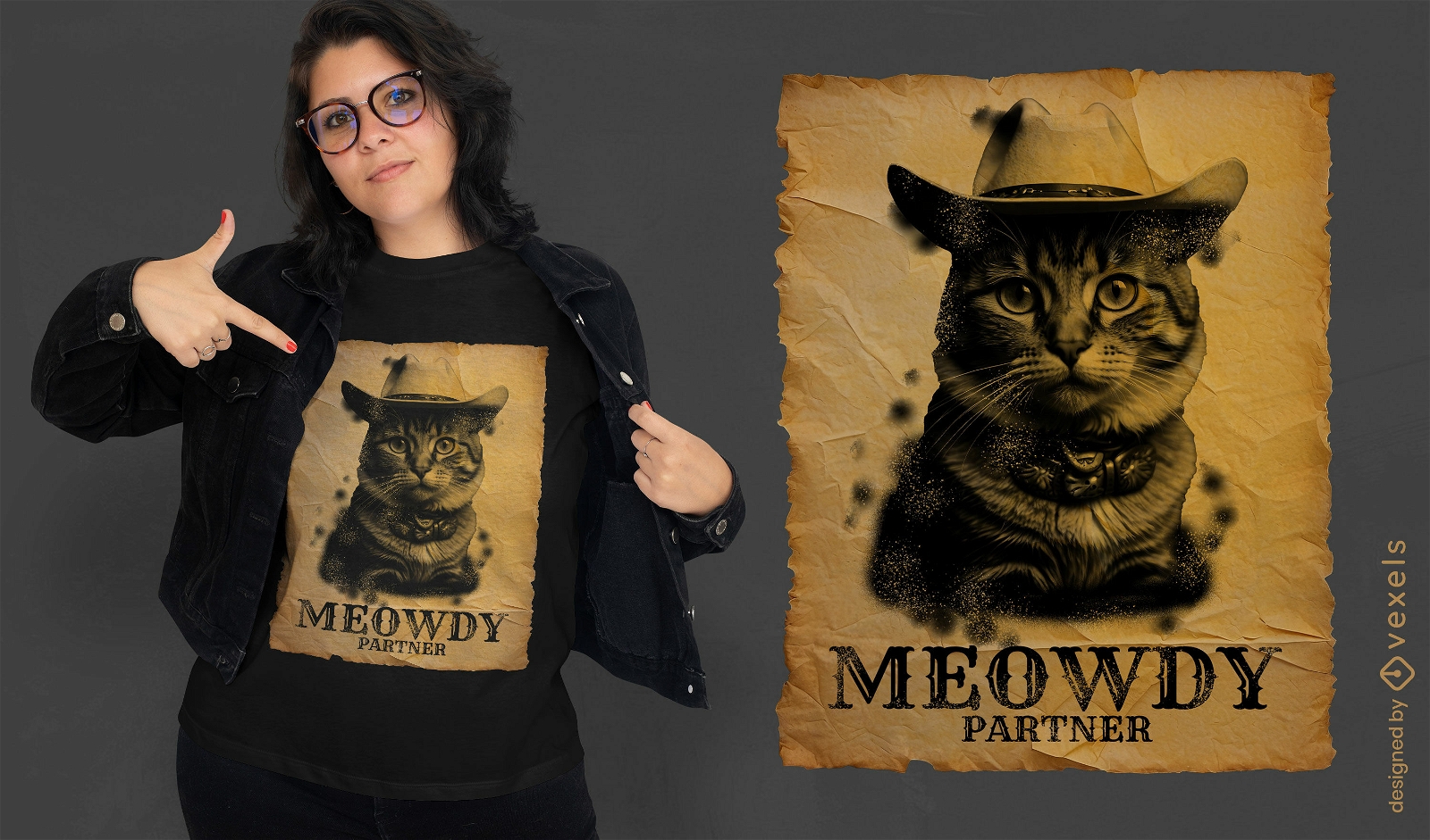 Diseño de camiseta de gato vaquero meowdy.
