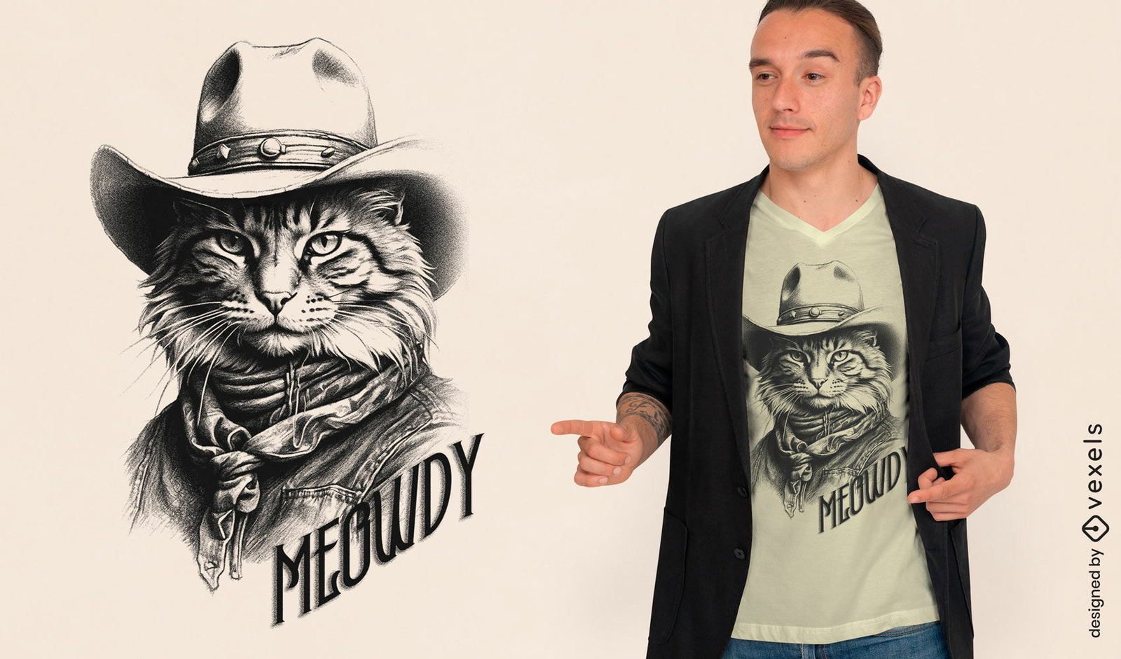 Diseño de camiseta de gato vaquero con sombrero.