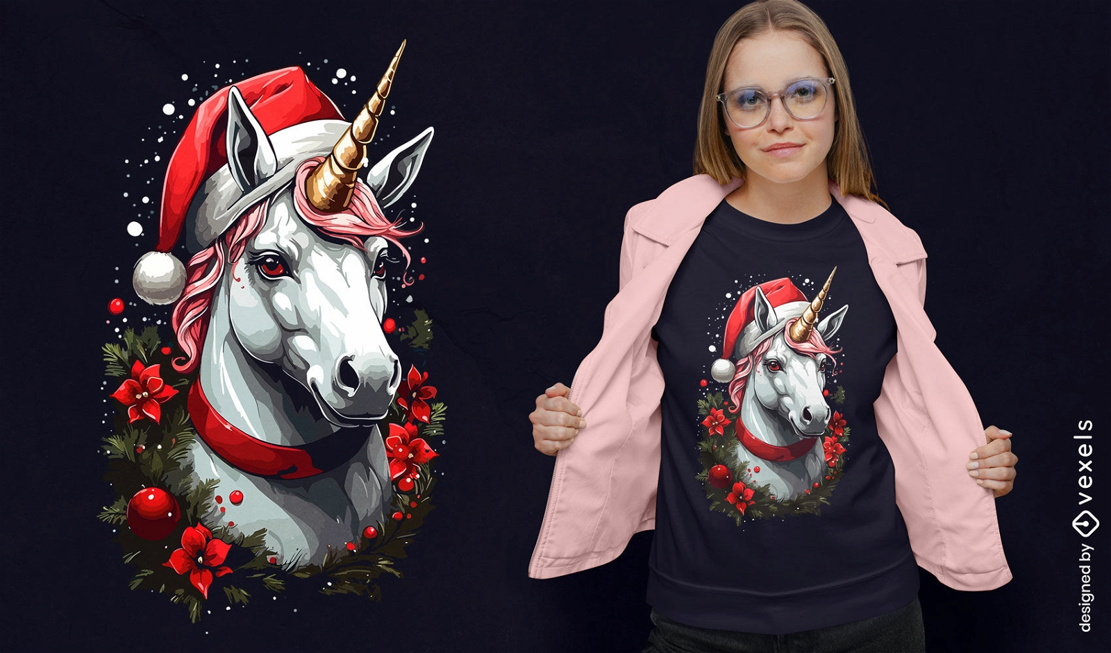 Diseño de camiseta de unicornio con gorro navideño.