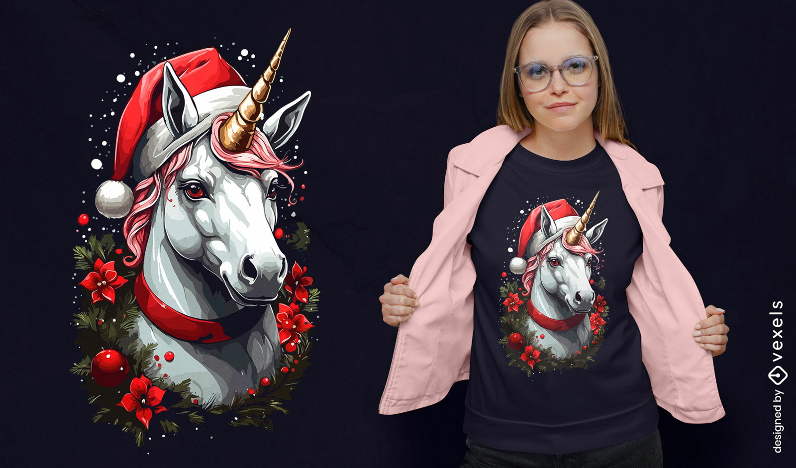 Unicorn with Christmas hat t-shirt design