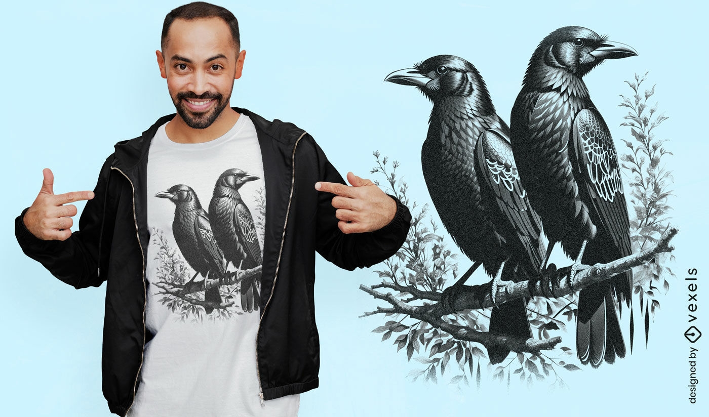 Diseño de camiseta de dos cuervos en rama.