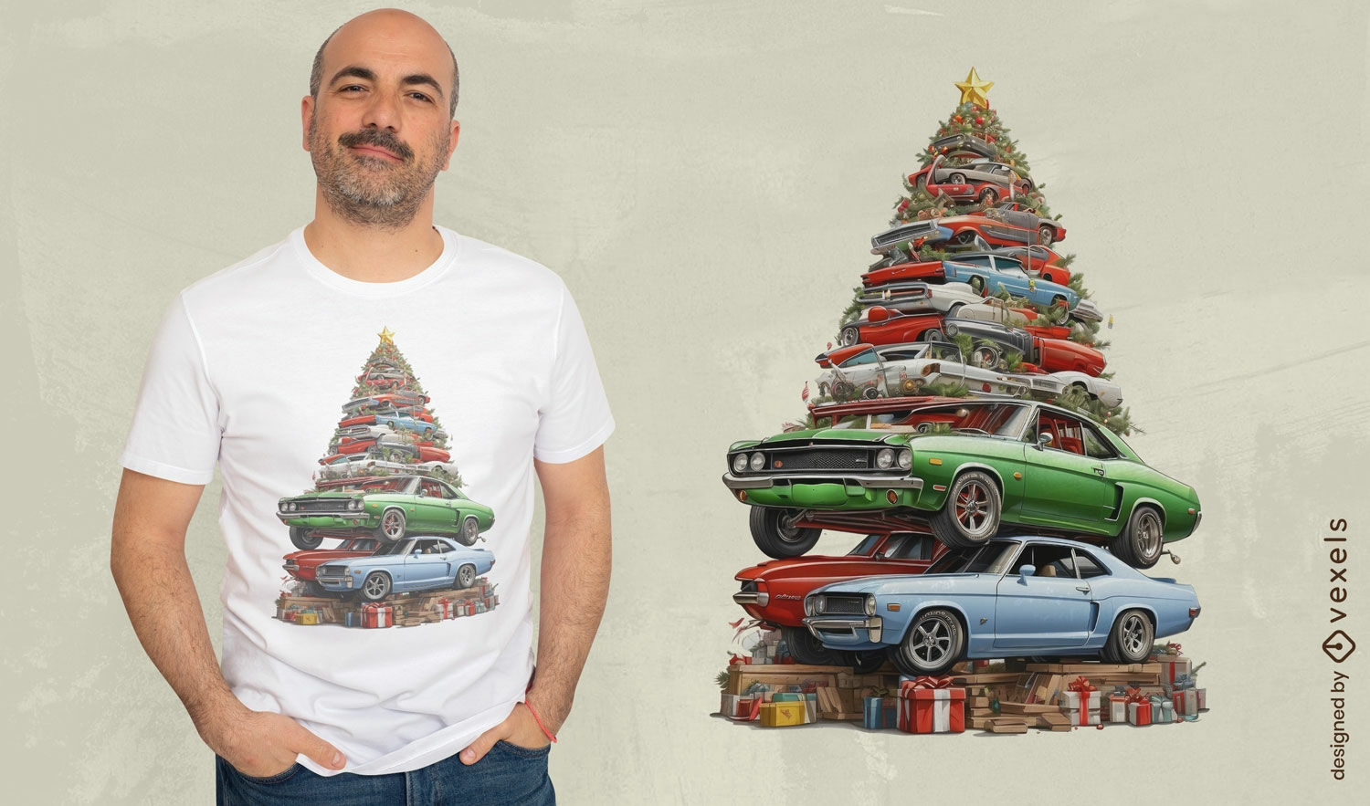 Diseño de camiseta de árbol de Navidad de pila de coches.
