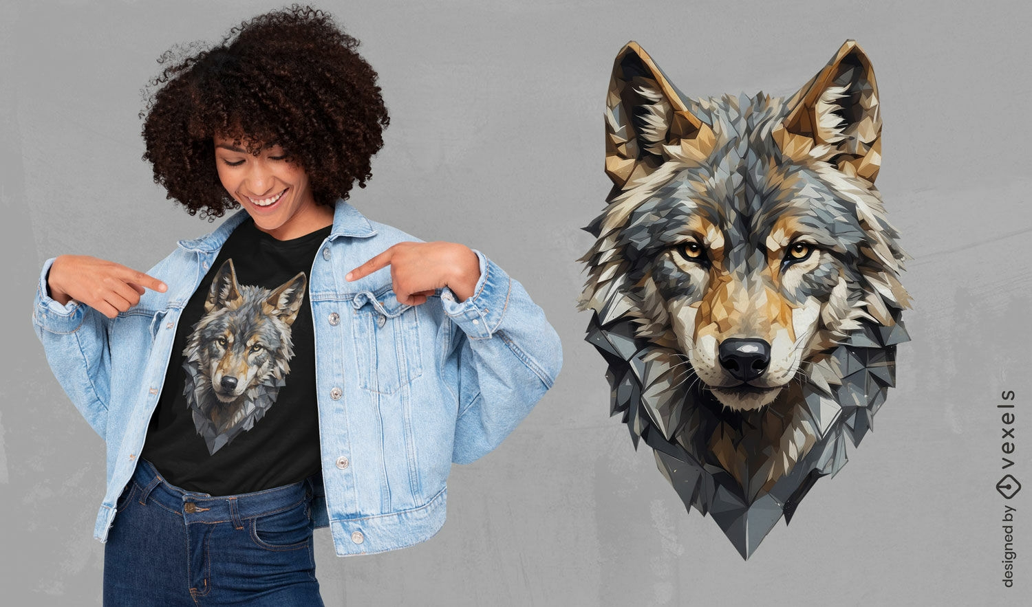 Design geométrico de camiseta com cabeça de lobo