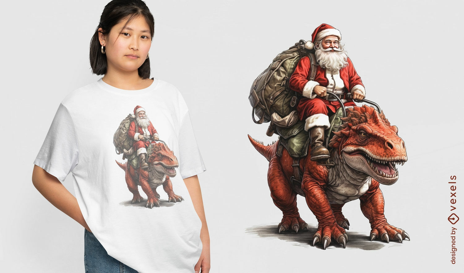 Papai Noel montando design de camiseta T-rex