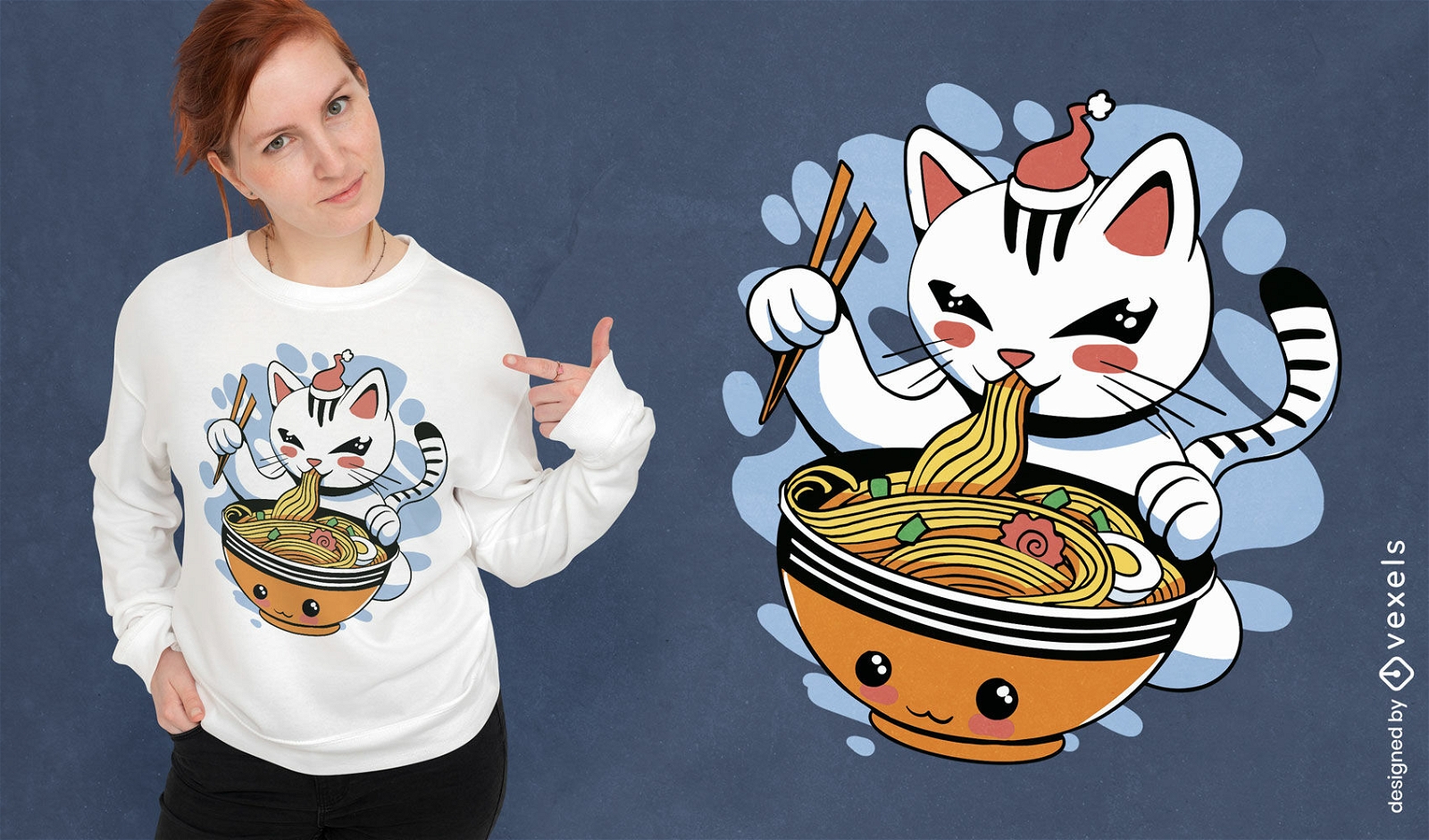 Design de camiseta de gato com uma tigela de ramen