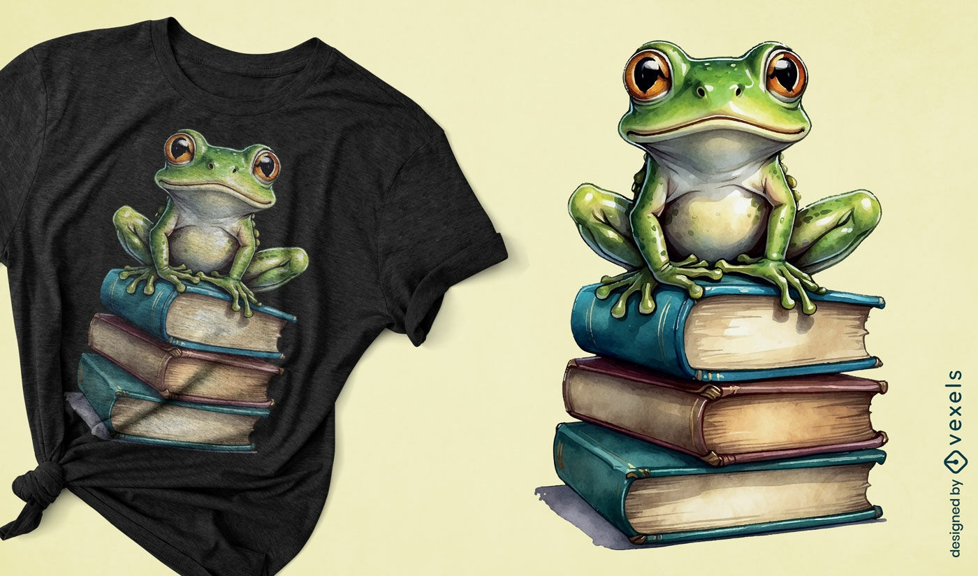Diseño de camiseta de rana inteligente en libros.
