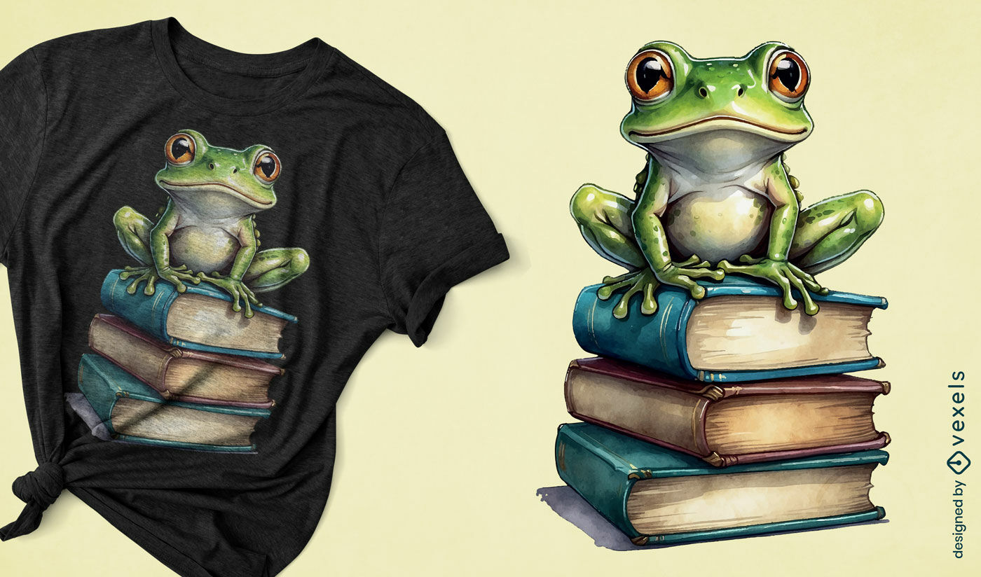 Intelligenter Frosch auf Bücher-T-Shirt-Design