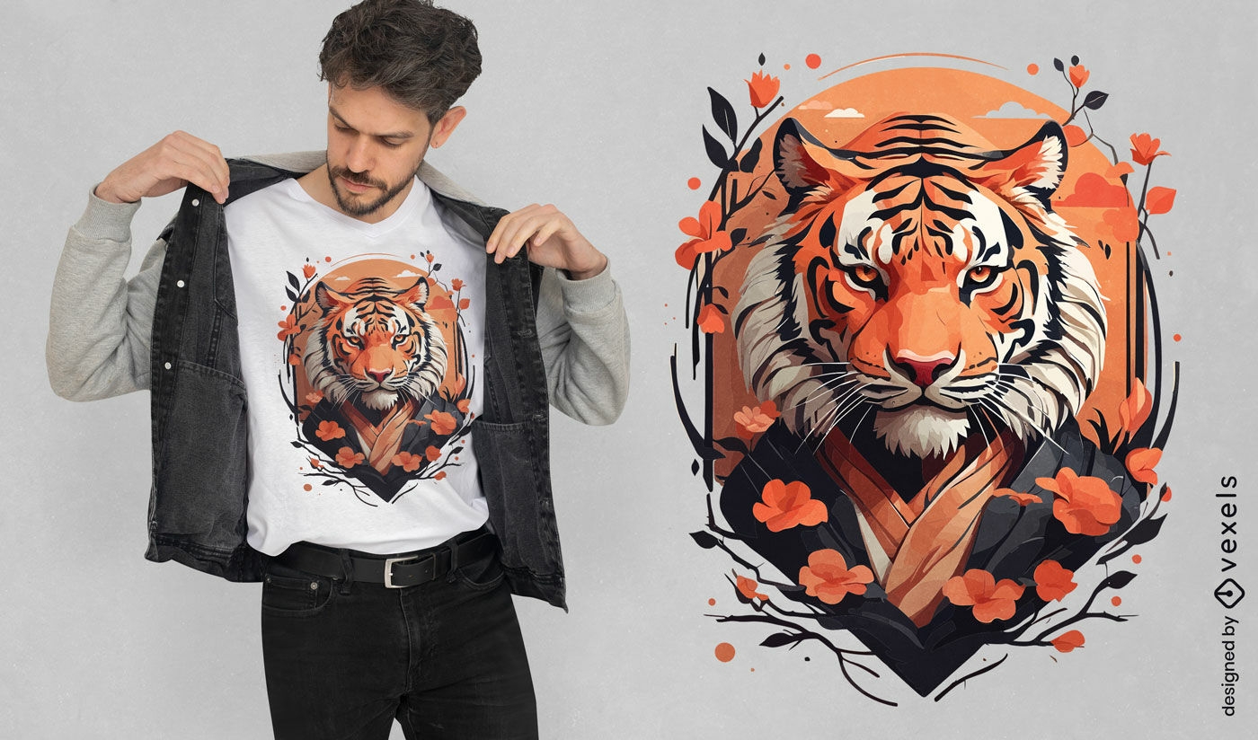 Diseño de camiseta floral de tigre japonés.