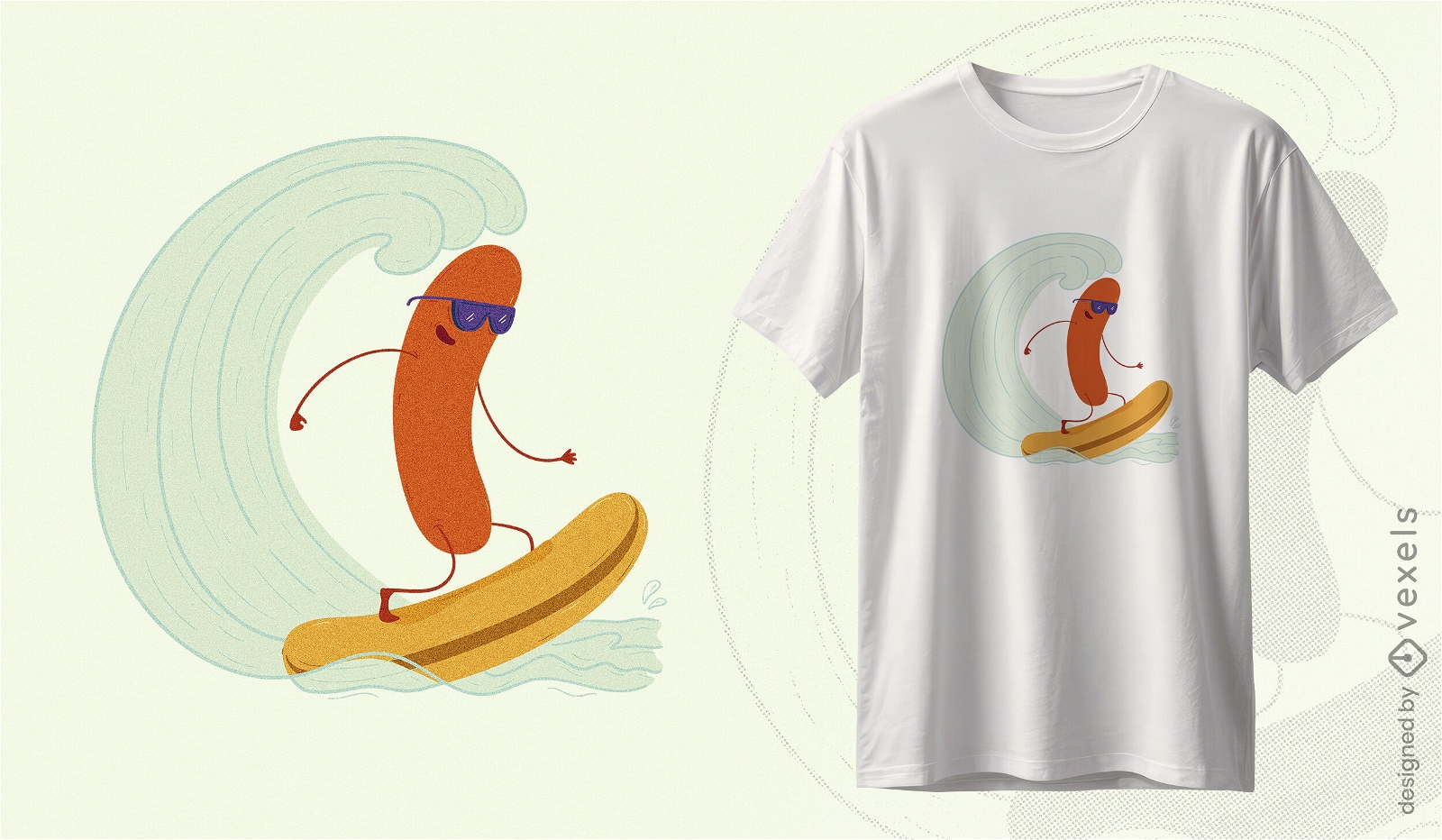Design aventureiro de camiseta de cachorro-quente surfando