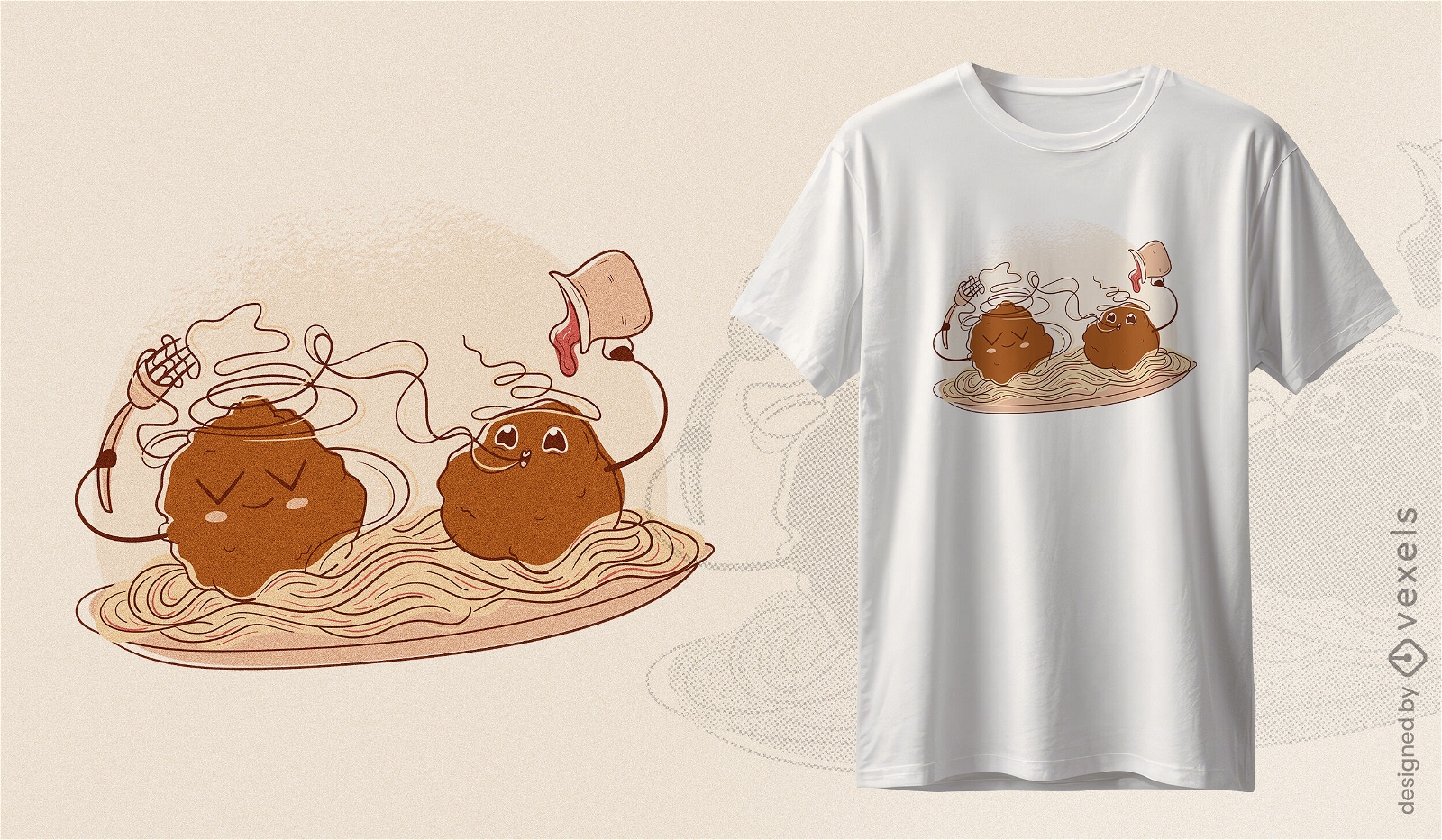 Design de camiseta com espaguete e alm?ndegas
