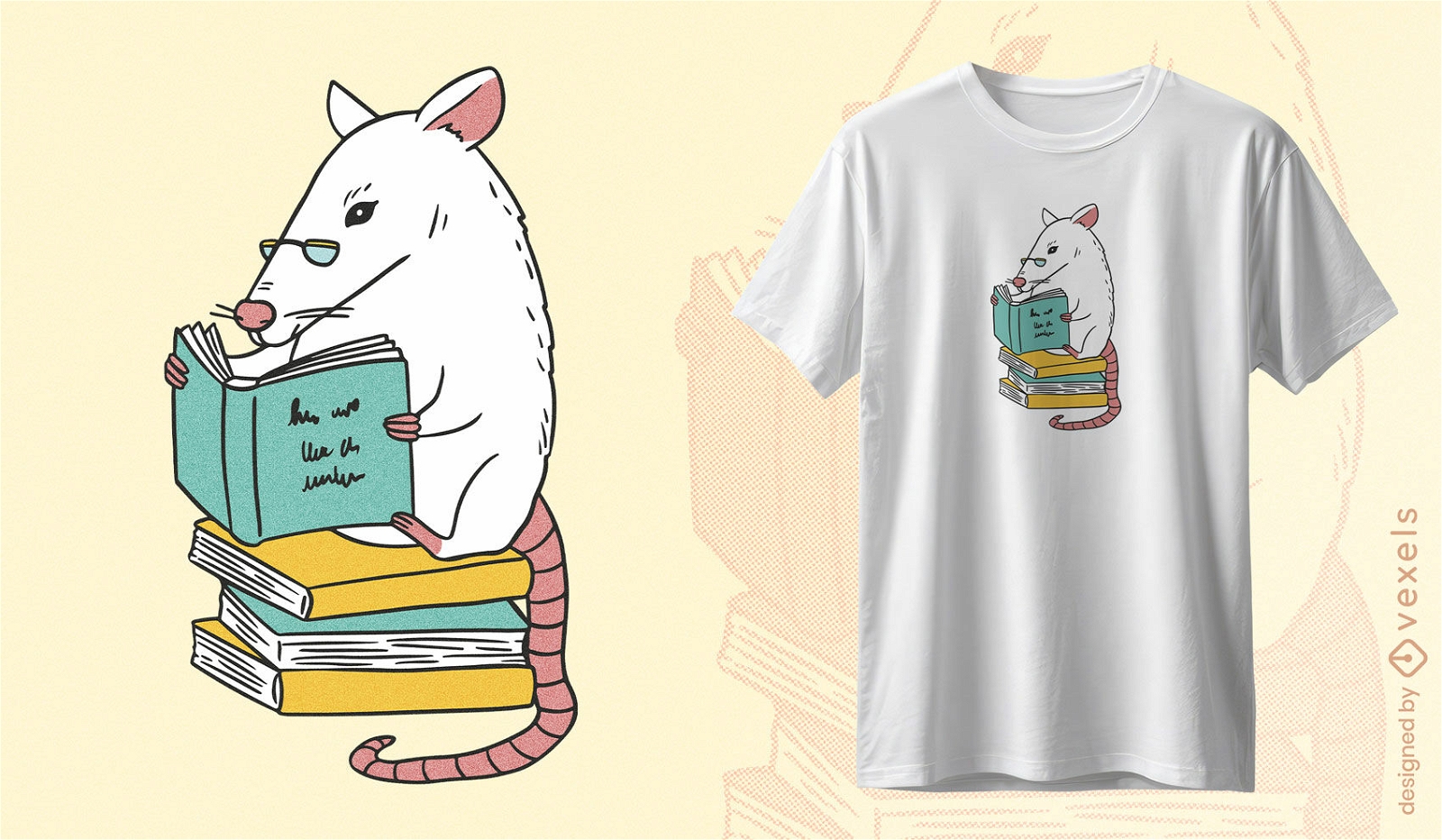 Design de camiseta de rato que adora livros
