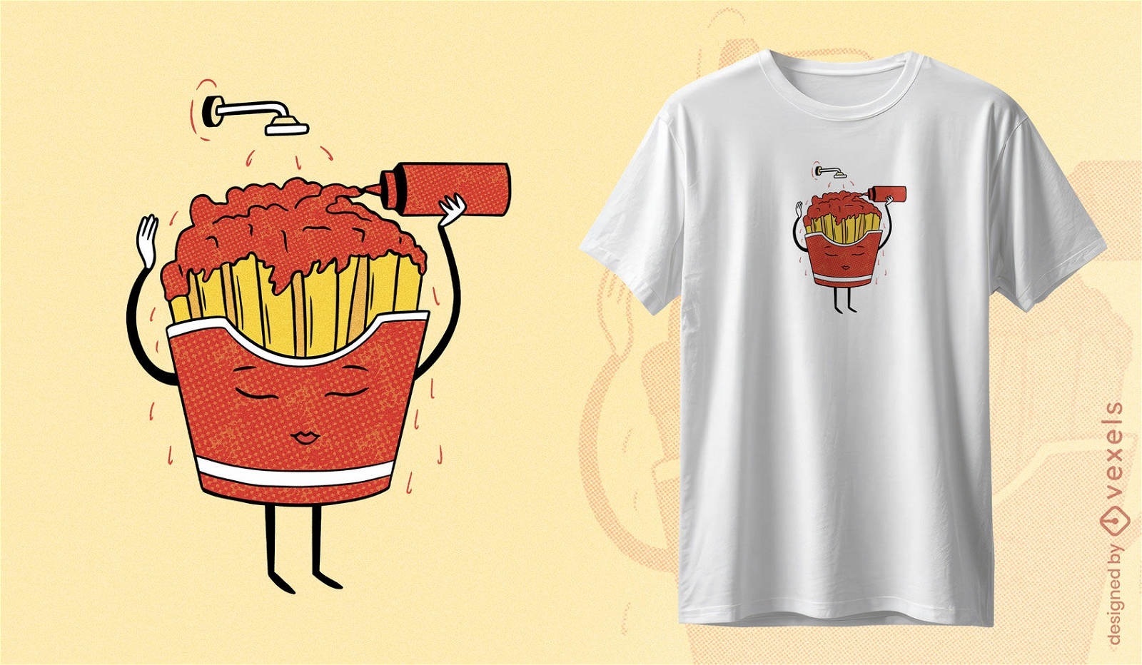 Design de camiseta com batatas fritas e ketchup